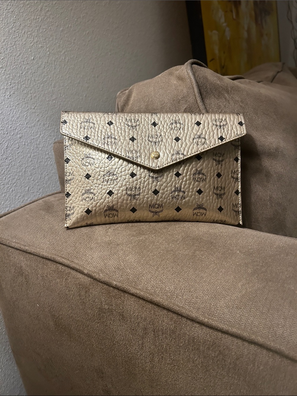 MCM Metallic Gold Monogram Envelope Clutch